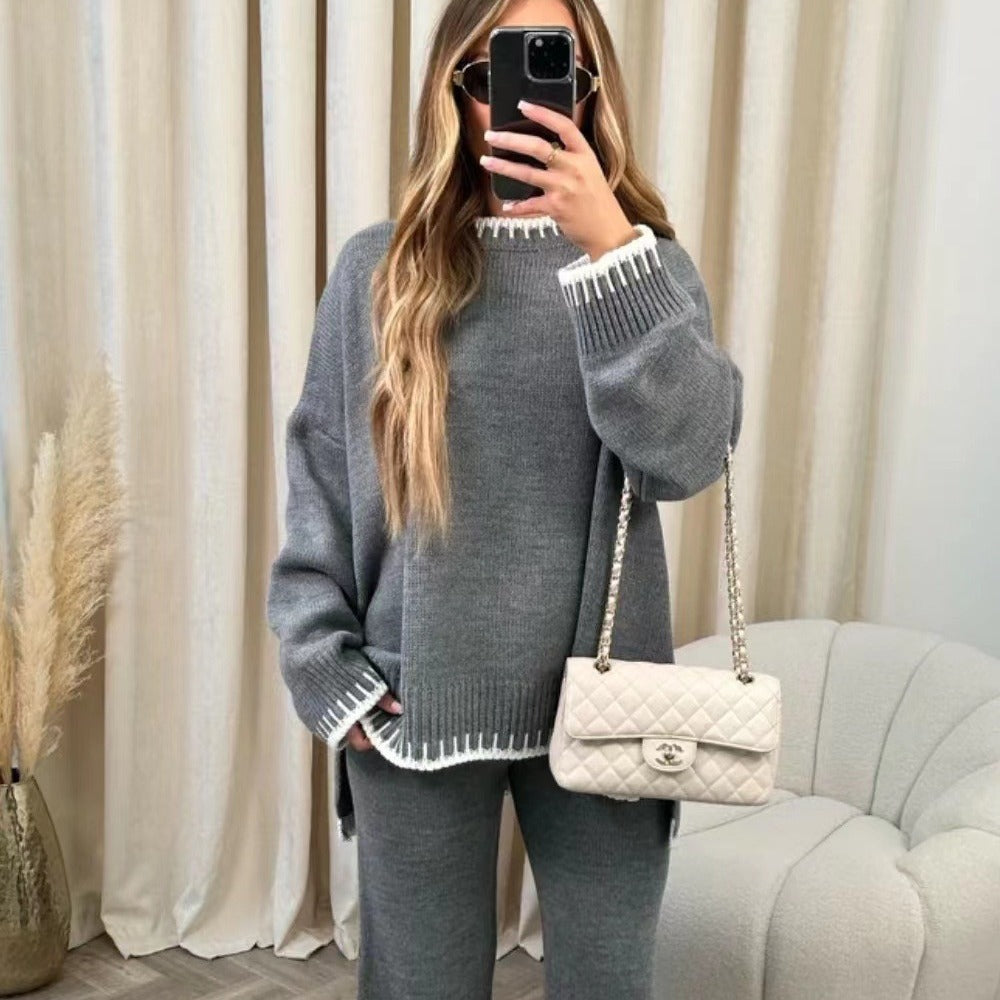 Solid Color Casual Knitted Two-piece Set